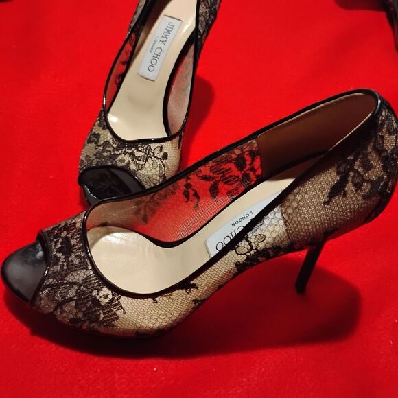 Jimmy Choo Black Stiletto Heels Floral Lace Luxury Designer Shoes Size 8.5 38.5 - Picture 1 of 10